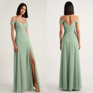 Jenny Yoo Priya Chiffon Bridesmaid Off Shoulder Flutter Sleeve Sage Green 2